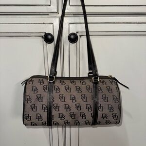 Dooney & Bourke Taupe and Black DB Logo Barrel Shoulder Bag